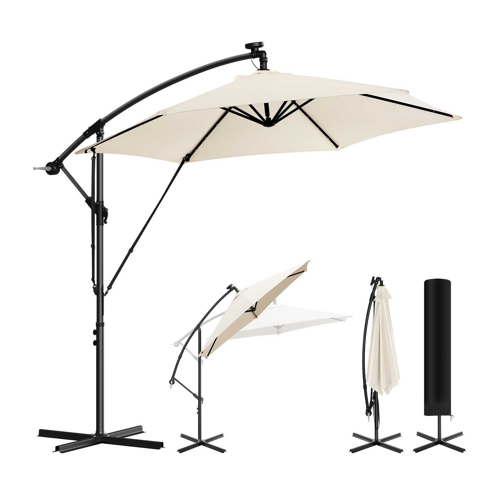 Image of 1pc Sunshade Umbrella, , Garden Furniture, Outdoor Sun Protection, 160g/ Polyester Fabric, Equipped With Solar Led Lighting, Soft Light, 6 Umbrella Ribs, 360° Rotatable, With Wind Protection Cover