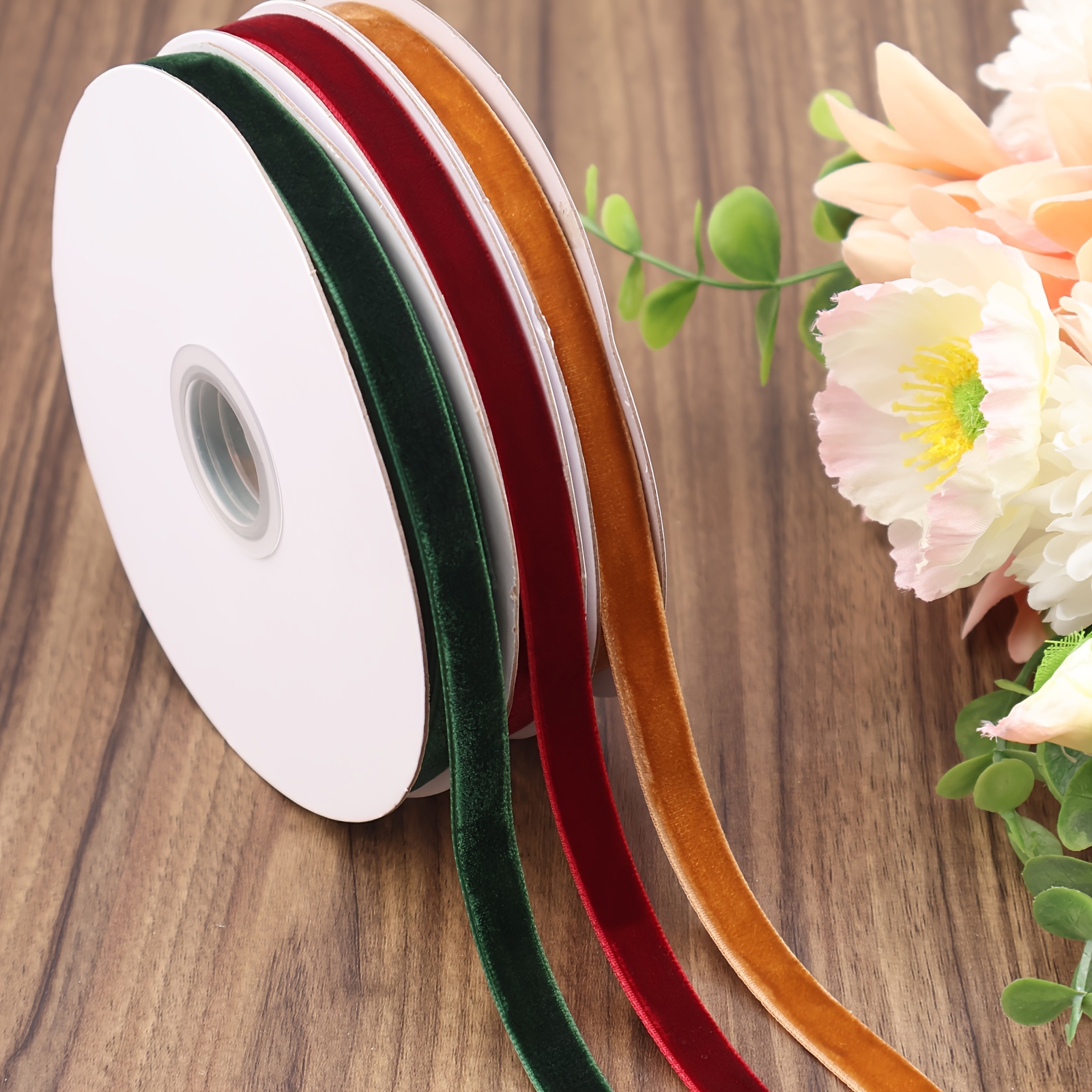 Image of 30 Yards Satin Velvet Ribbon Trim - Green, Burgundy & Brown Polyester Fabric For Gift Wrapping, Bow Making & Christmas Decorations - Elegant Single Face Spool