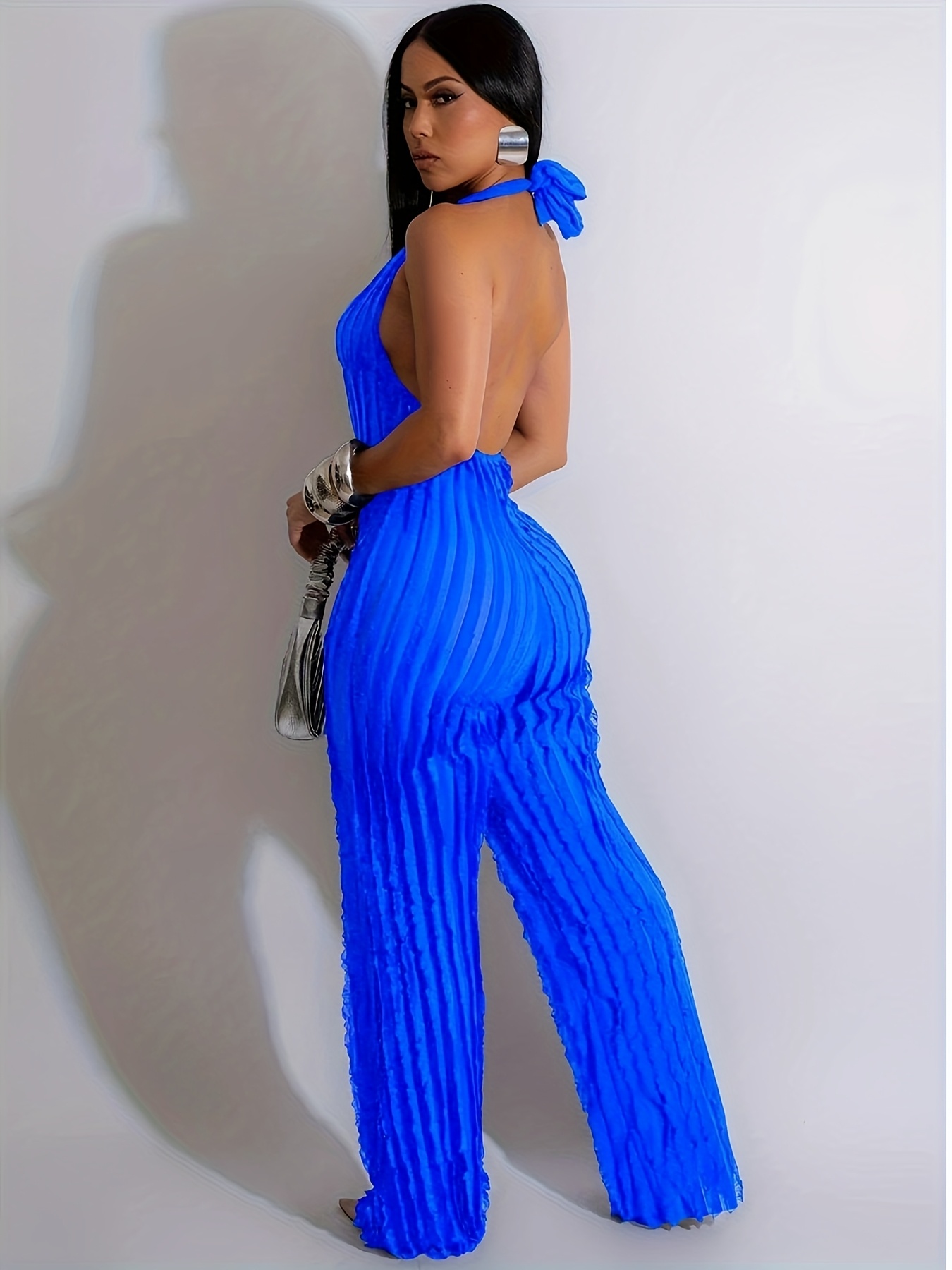 royal blue halter neck jumpsuit women sexy backless pleated Temu