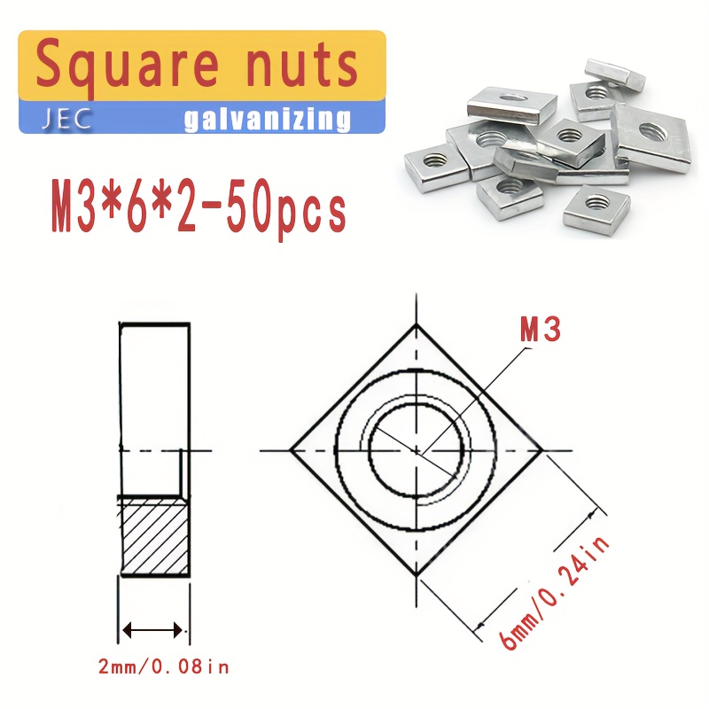 10//50pcs Multiple Specifications M3 M4 M5 M6 M8 Square Nut Square Nut Carbon Steel Galvanized Thin Nut