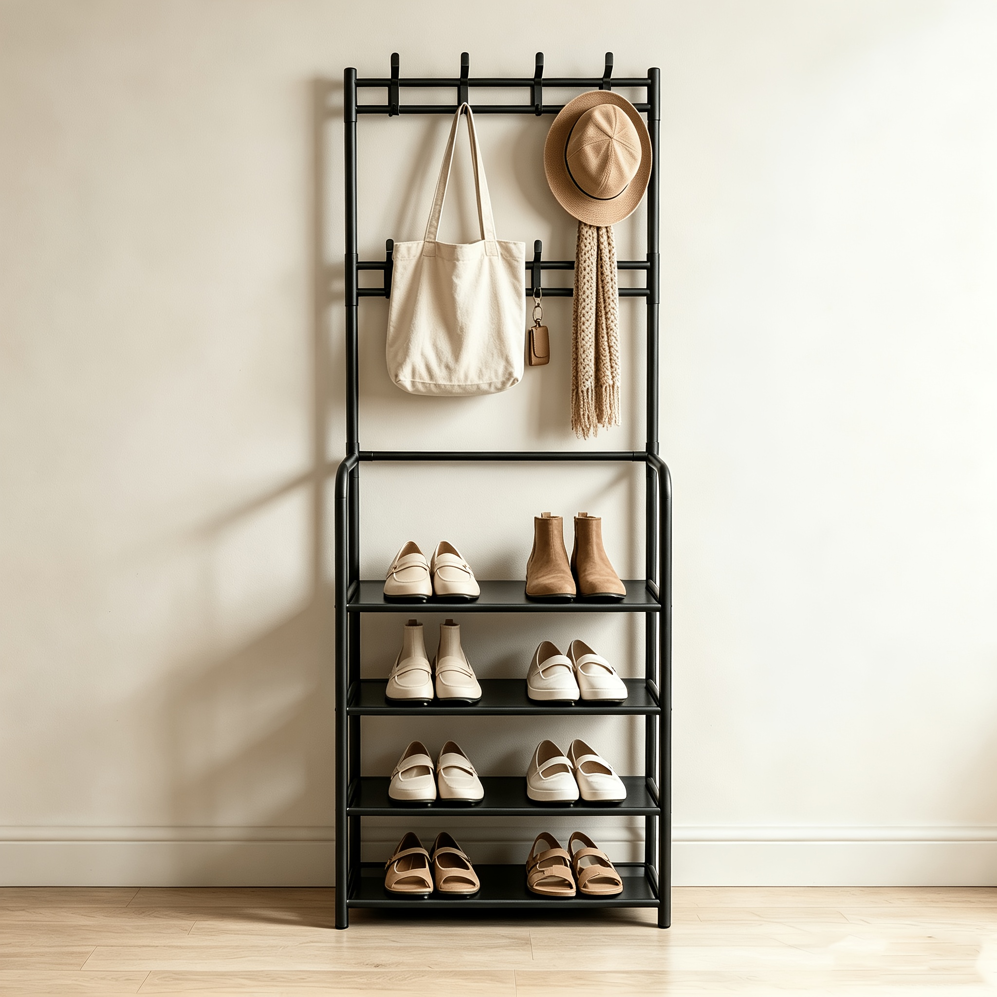 TEMU Multi-functional Metal Shoe Rack With 8 Hooks, Can Store Hats, Hang Coats, Bags, An Entrance Storage Rack For Home Or Living Room, Can Hold