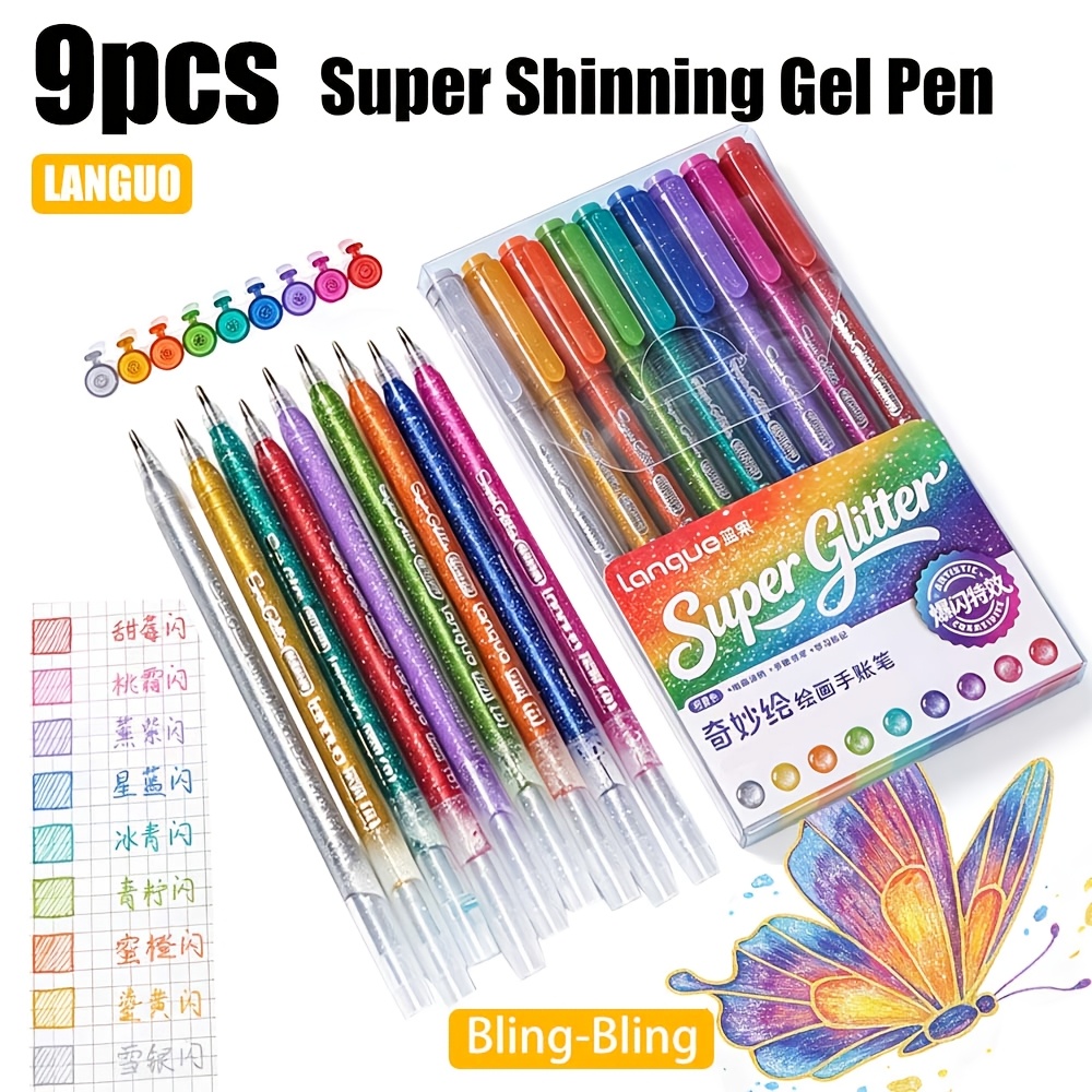 TEMU Languo 9pcs Super Shining Gel Pens, Smooth Writing Stackable Colors Large Capacity Quick Drying, Suitable For Adult Coloring, Card Making, Daily