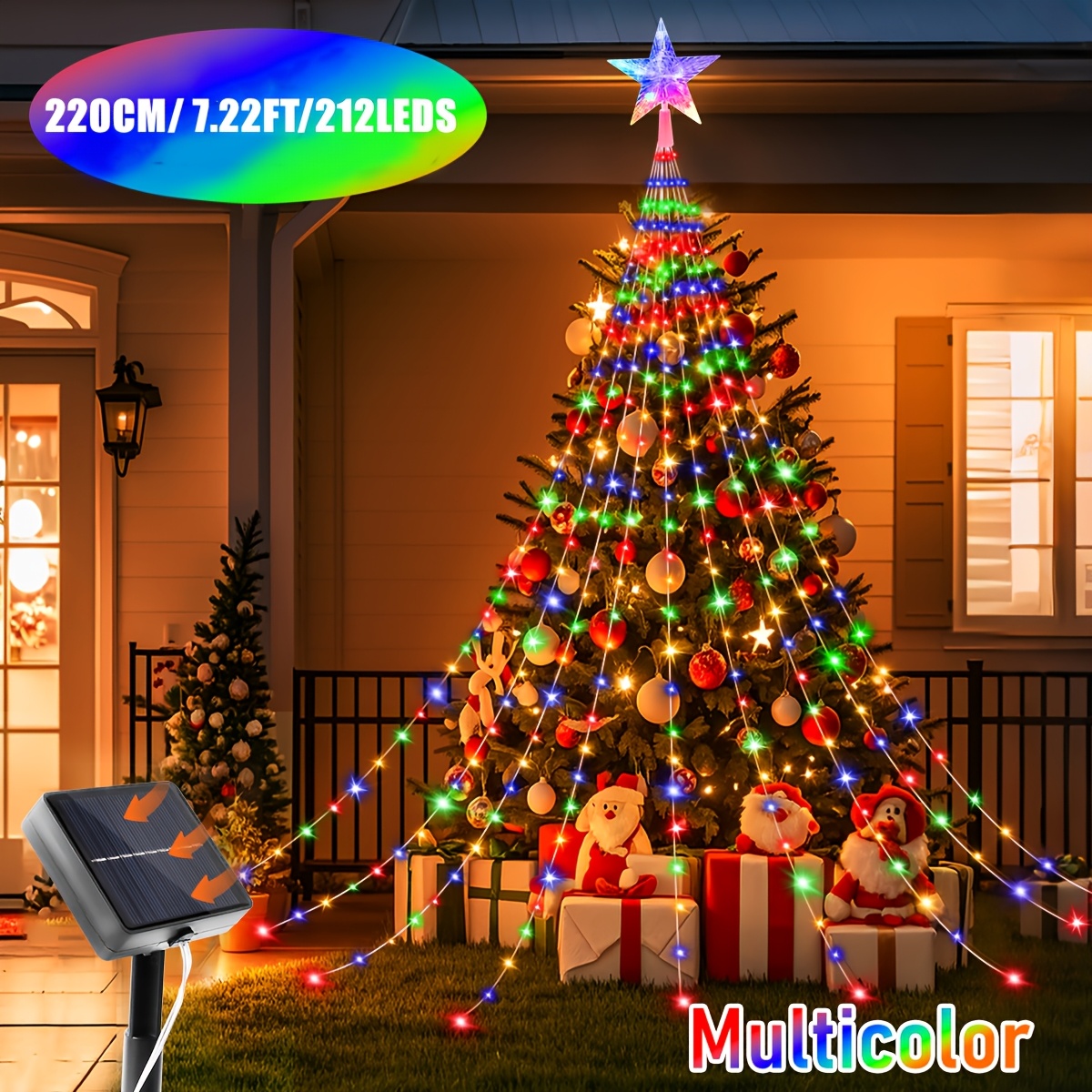 TEMU 1pc 220cm/330cm 212/312 Led Solar Christmas Light, Five-pointed Star Waterfall Light, Outdoor Christmas Lights, 8 Outdoor String Light, Used For