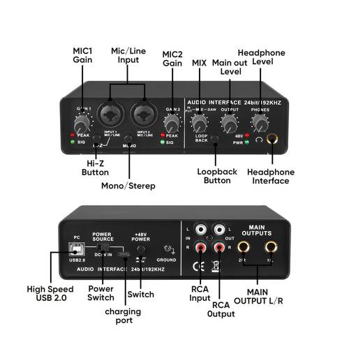 2 channel usb audio interface 24bit 192khz low latency aluminum alloy for podcast live streaming