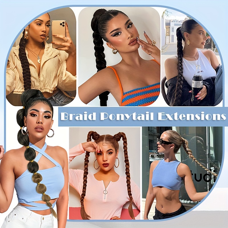 a 34 inch long braided ponytail hair extension with elastic band for a straight and smooth wrapped ponytail diy hairstyle details 1