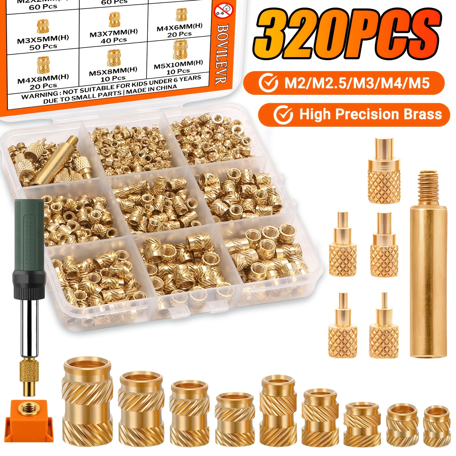 TEMU Ensemble de 320 pièces d'écrous de fixation thermoréductibles en laiton de qualité supérieure M2/M2.5/M3/M4/M5, kit d'assortiment d'écrous