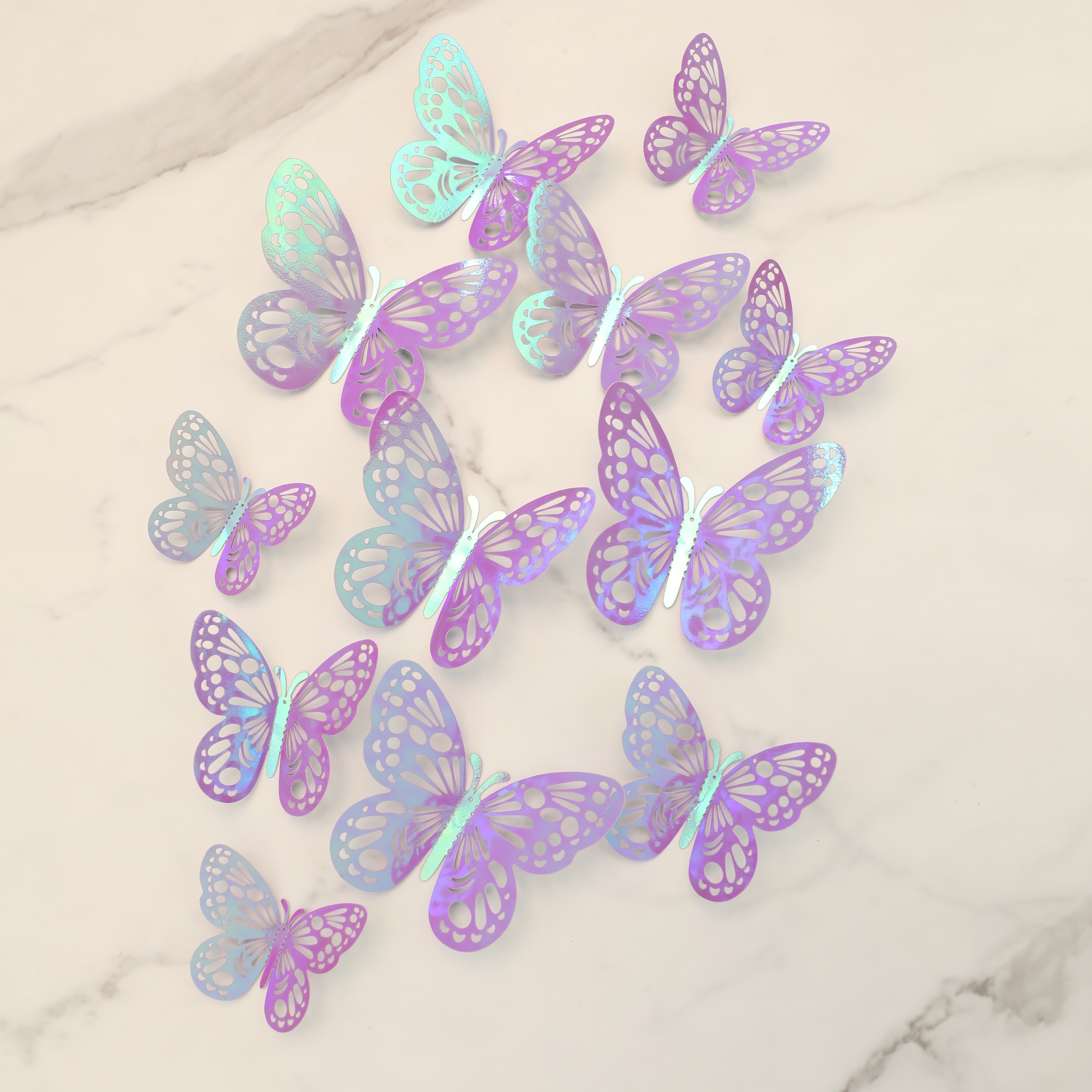 

12pcs Iridescent Wall Decorations In Blue, Purple & Pink - Holographic Plastic Butterflies With Intricate Patterns For Birthdays, Weddings, Baptisms & Anniversaries - No Power Needed