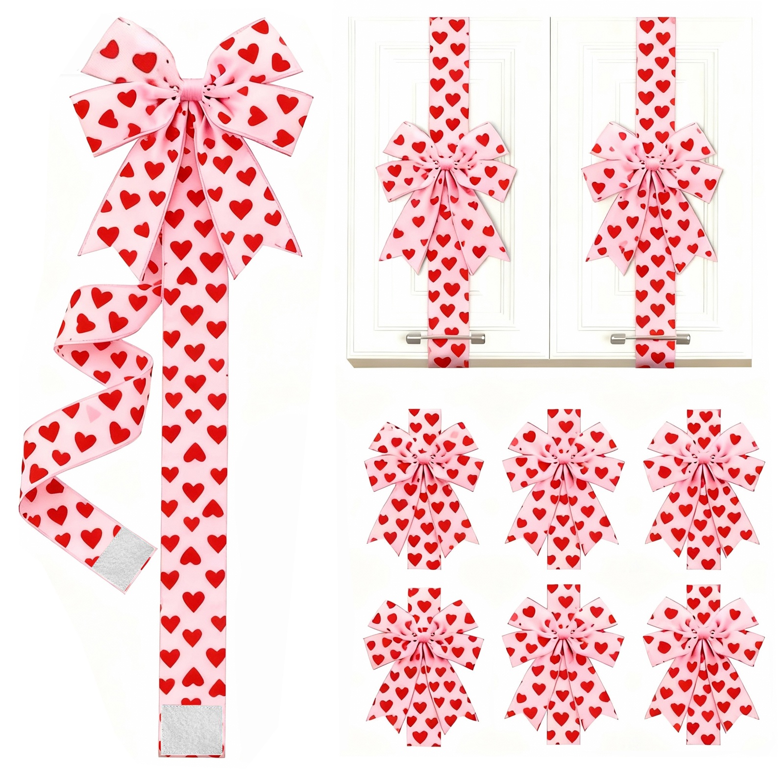 TEMU 6pcs Valentines Day Pink Bow Ribbons Set | Red Heart Bow For Cabinets, Doors, And Windows - Polyester, Festive Decorations For Party Home Kitchen