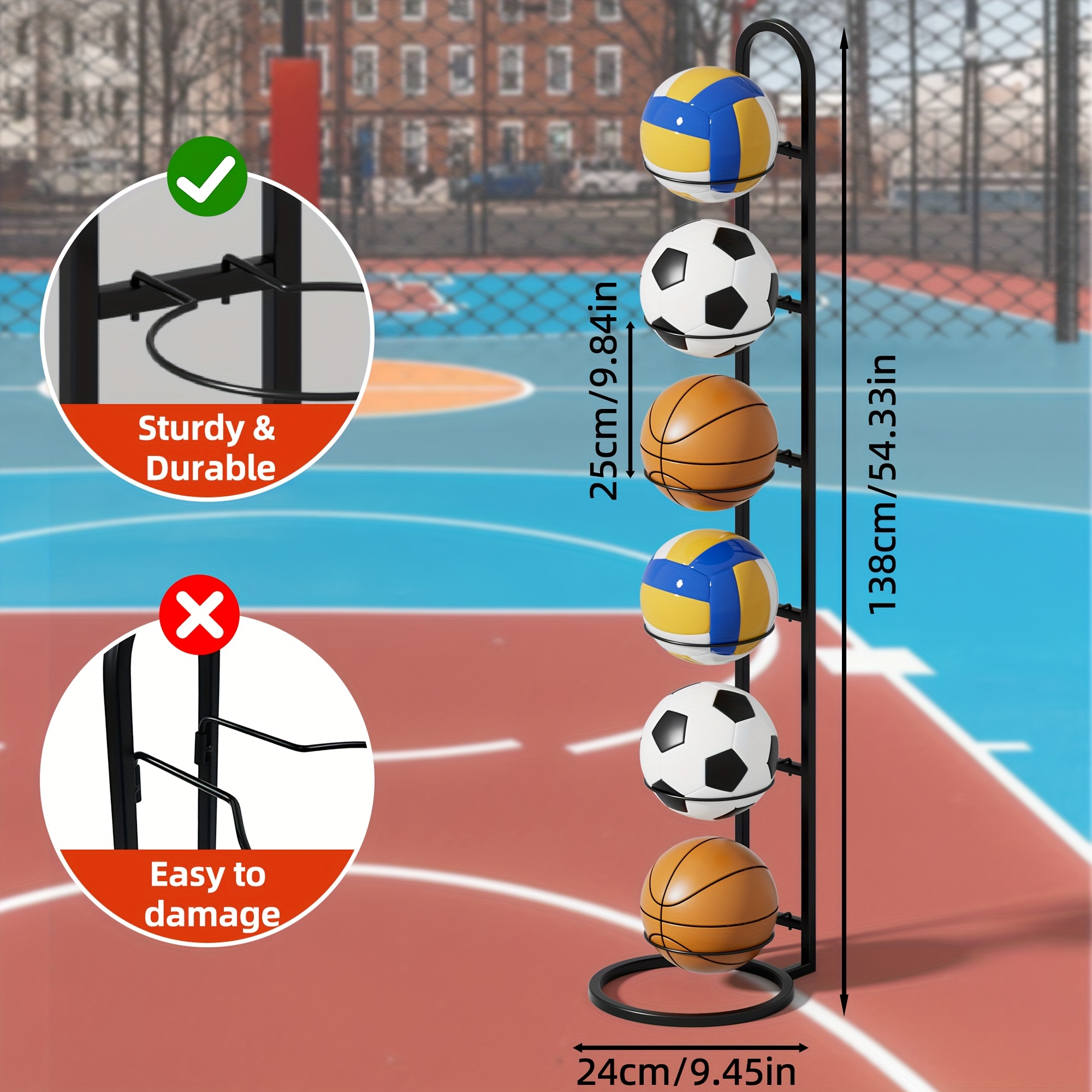 E-shop 6-stufiges, leicht zu montierendes -Aufbewahrungsregal – platzsparender Bodenständer in schwarzem Eisen-Design für Basketball-, Volleyball- und