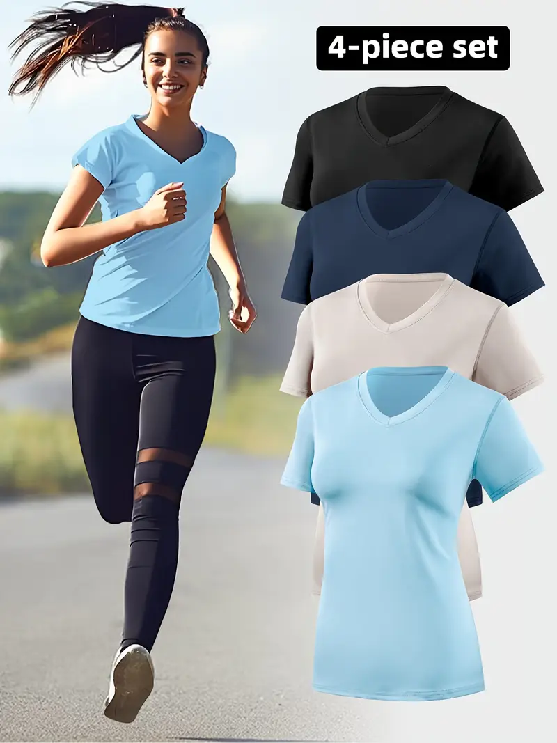 4pcs womens sports running v neck short sleeve quick dry fitness yoga sweat wicking breathable fit t shirt set Product details 3