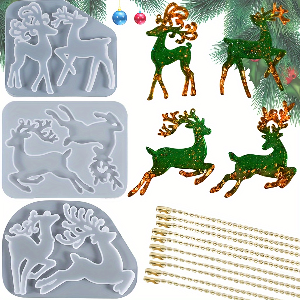 

3pcs Resin Christmas Elk Molds With 10pcs Bead Chains, Christmas Ornament Resin Molds Deer Silicone Mold For Resin Epoxy Casting Mould Diy Keychain Hanging Tag Decor