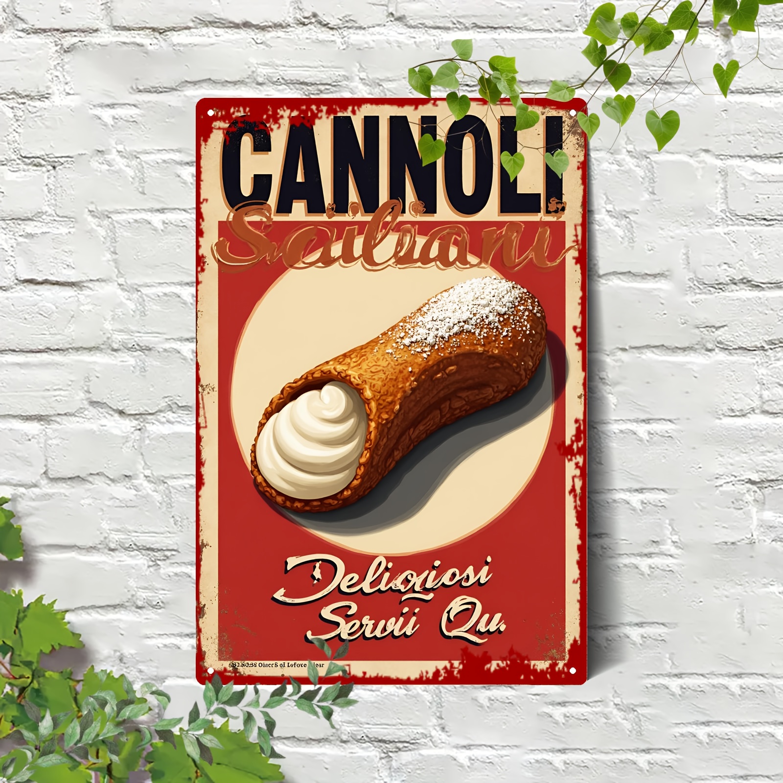 TEMU Plaque métallique plate 2D, 1 pièce, Cannoli italien vintage - Art mural rétro de dessert sicilien, plaque avec italien et recette de cannoli,