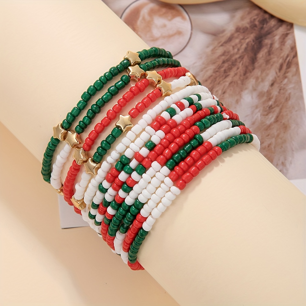 

Women's Christmas Elastic Beaded Bracelet Set - 12pcs Festive Acrylic Stretch Stackable Bangles, Tribal & Simple Style, No Plating - Versatile For Daily Wear & Holiday Celebrations