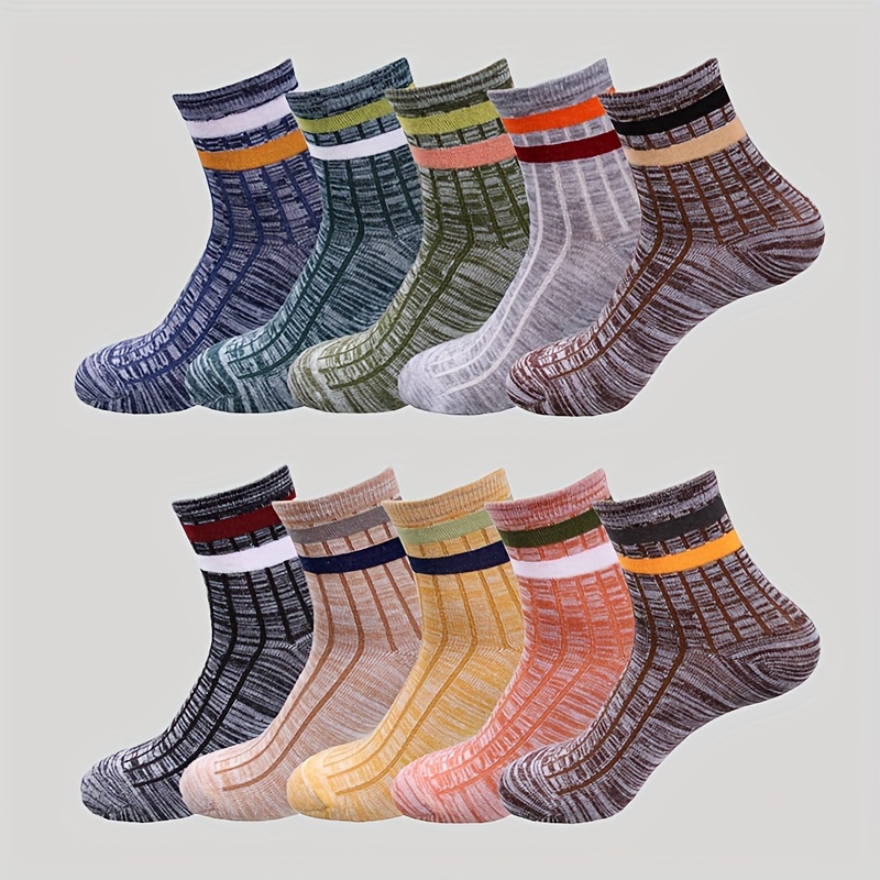 

10pcs Men' Ethnic Striped Crew Socks - Comfortable, Breathable Polyester For All