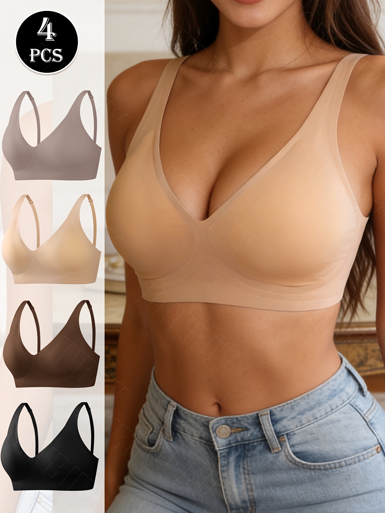 4pcs Women's V-Neck Jelly Soft Support Bra Set