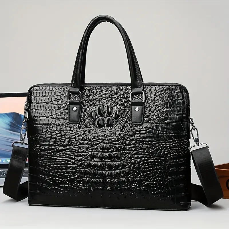 mens cowhide leather briefcase large capacity business crossbody bag with adjustable shoulder strap crocodile embossed texture zipper closure for work travel commuting Product details 4