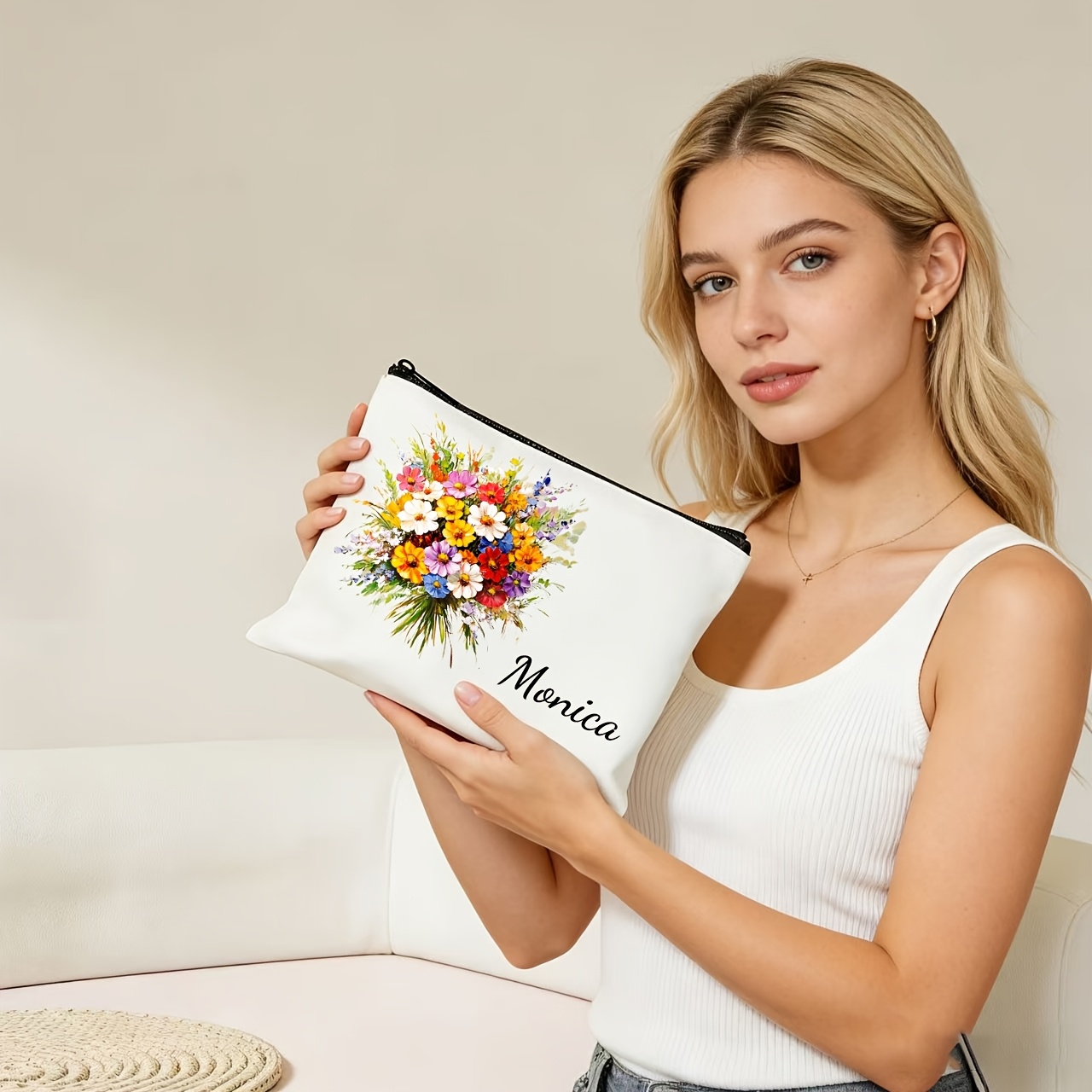 TEMU Borsa per trucco personalizzata da 1-3 pezzi con bouquet di colorati stampati, con supporto per nomi inglesi autodefiniti. Intrecciate con fiori