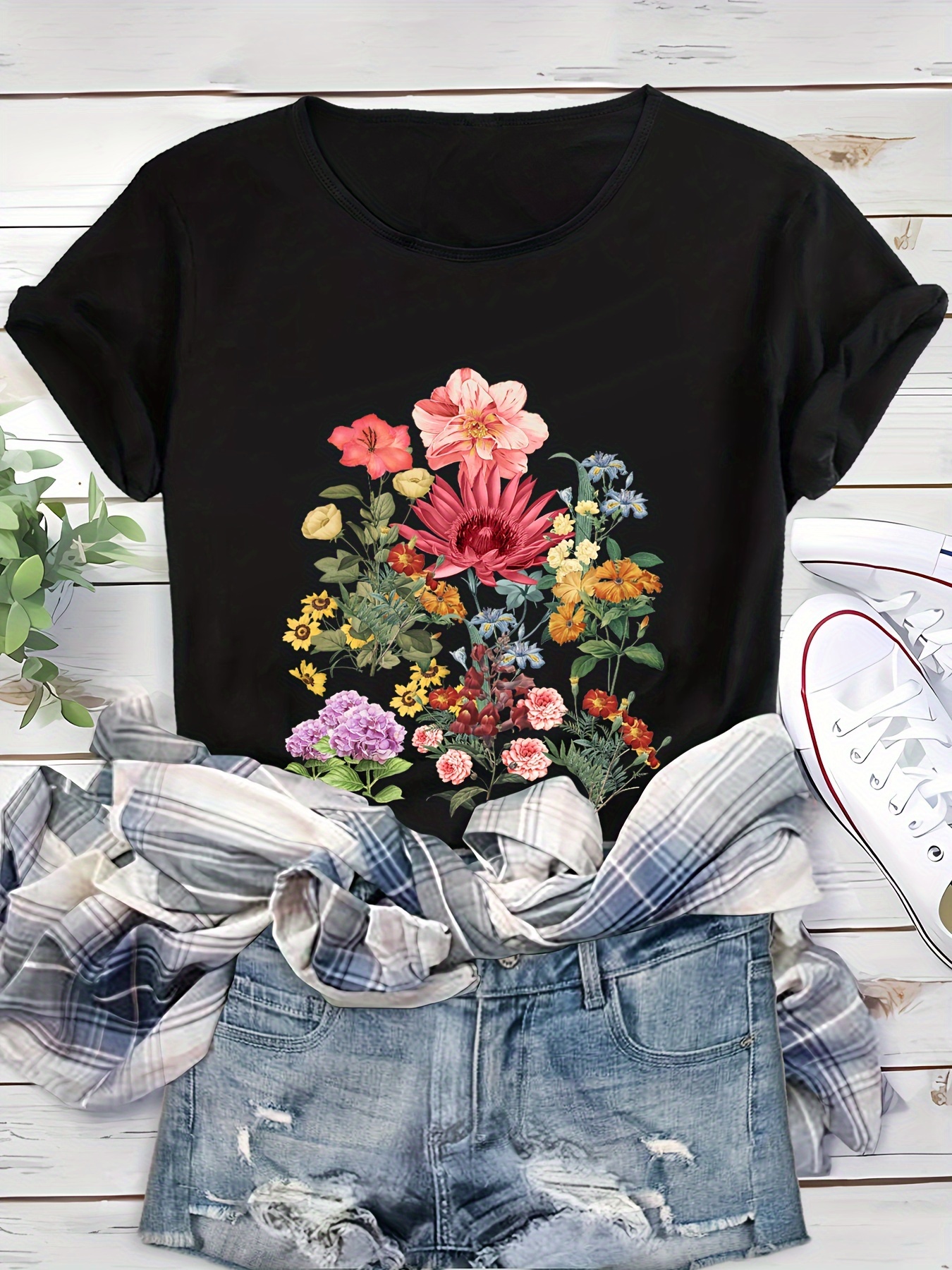 Camisetas Short De Flores Para Dama Camiseta De Manga Corta Con
