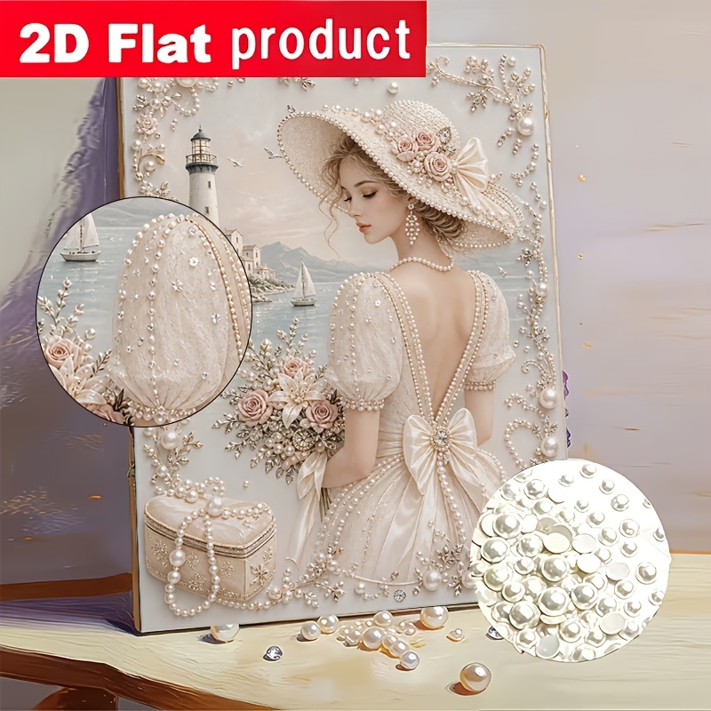 TEMU Kit de peinture diamant perle colorée Collection Automne Hiver, Femme tenant un bouquet regardant la vue du phare côtier, Peinture diamant,
