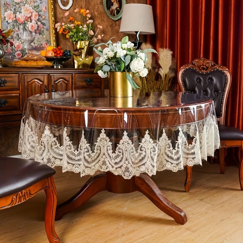 1pc dining tablecloth non washable anti slip pvc material with lace edge for   ambiance round coffee table cloth dust proof simple table mat suitable for kitchen restaurant party decor