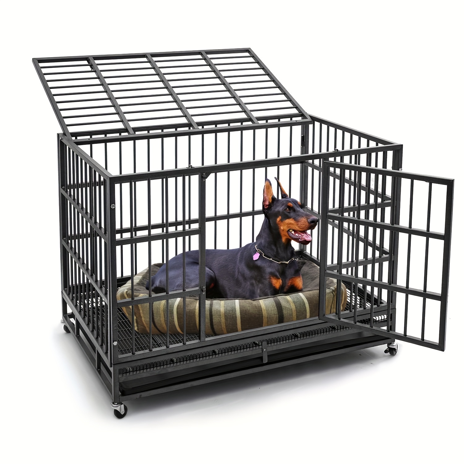 

48in Heavy Duty Dog Crate Steel Escape Proof, Indoor Double Door High Anxiety Cage, Kennel With 2 Stainless Steel Bowls, Wheels, Removable Tray, Extra Large Xl Xxl Cage