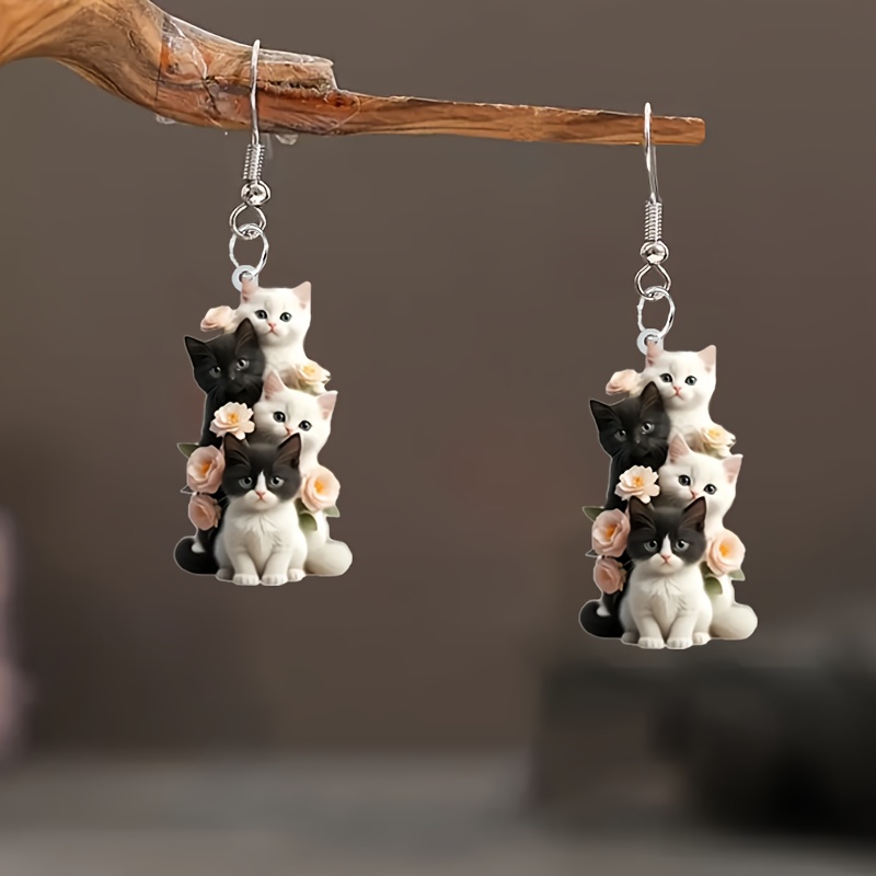 

Pair Of Acrylic Cat Earrings For Women, Black And Flower Decoration Earrings, Elegant Party Decoration Treasure, Christmas Gift, Thanksgiving Gift