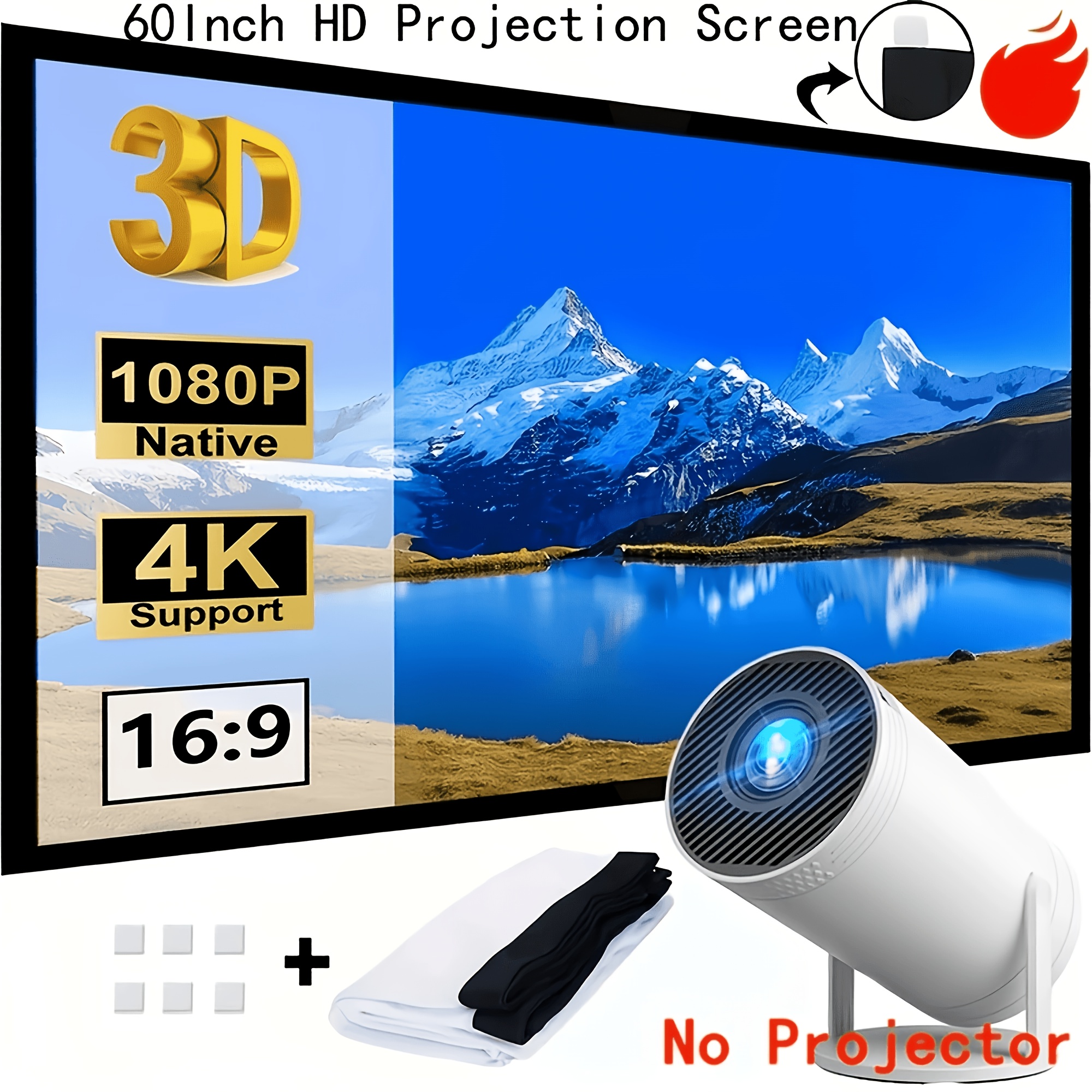 TEMU Pantalla de proyección HD de 60 pulgadas, plegable, , portátil para cine, pantalla de proyección de video de cara 16:9 HD plegable, portátil, ,