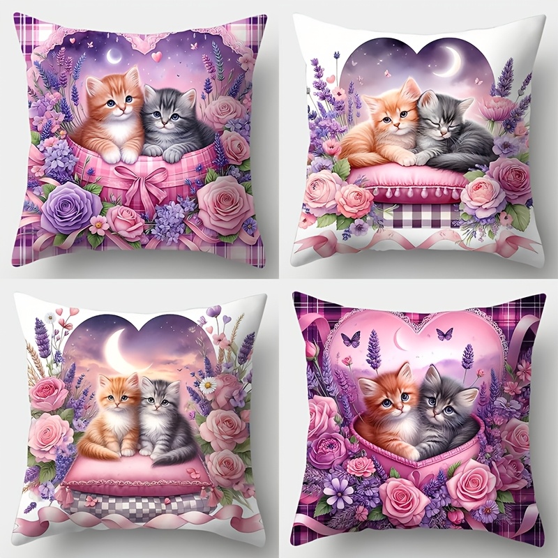 

Valentine's Day 4pcs Pillowcase Set - Floral & , Soft Polyester, Zip Closure, Hand Washable - Sofa Decor, 17.7x17.7 Inches (cushions Not Included), Single-sided Print, Pillowcase Without Pillow