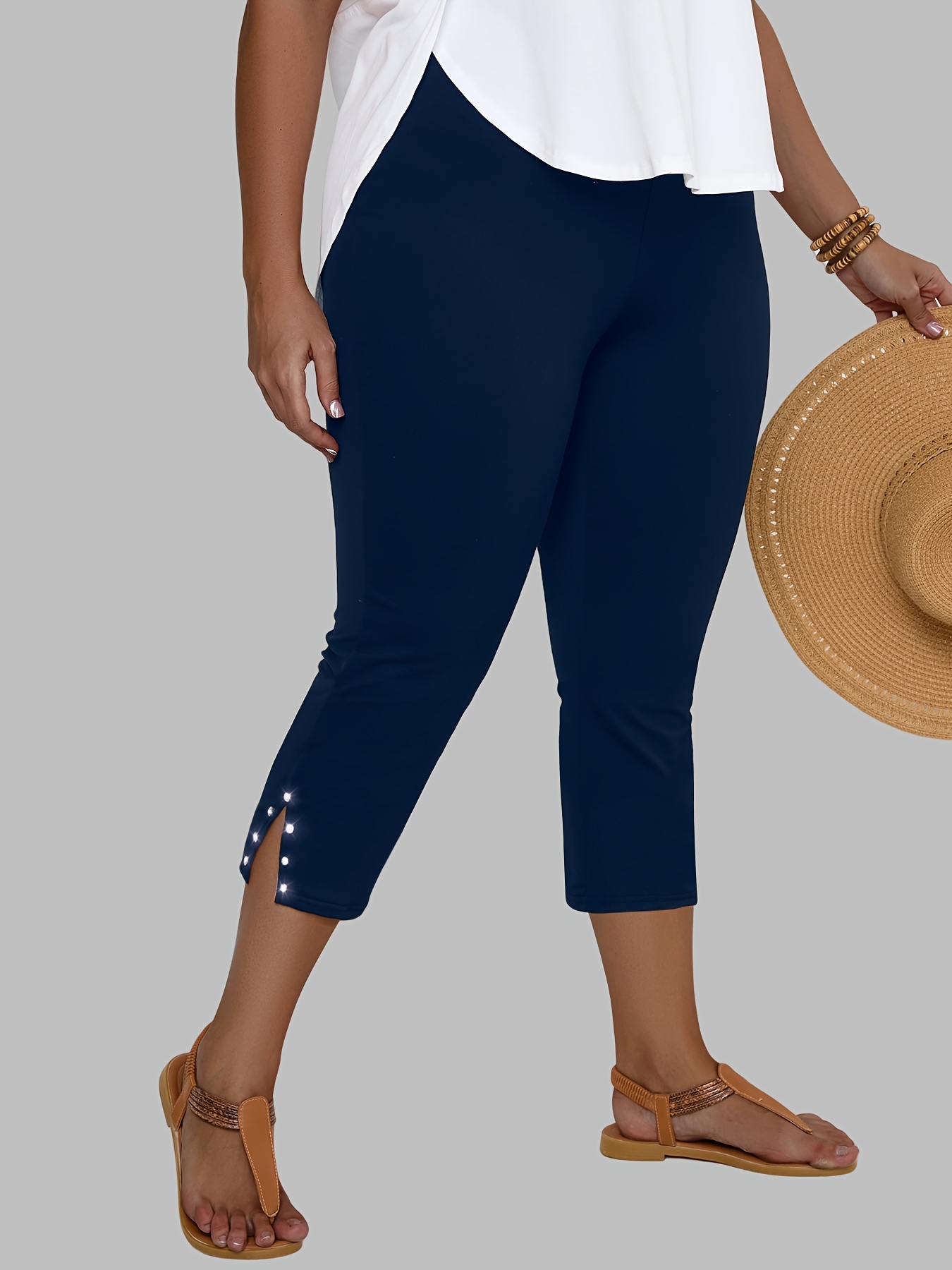 Plus Size, Plus Size High-Waisted Stretchy Rhinestone-Embellished Side Slit Capri Pants - Solid Black Casual Outdoor Leggings for Women, Spring/Summer Fashion, High Waist Pants, Spring Summer Apparel, Nontransparent Fabric, Spring Fashion, Breathable Material, Summer Wardrobe