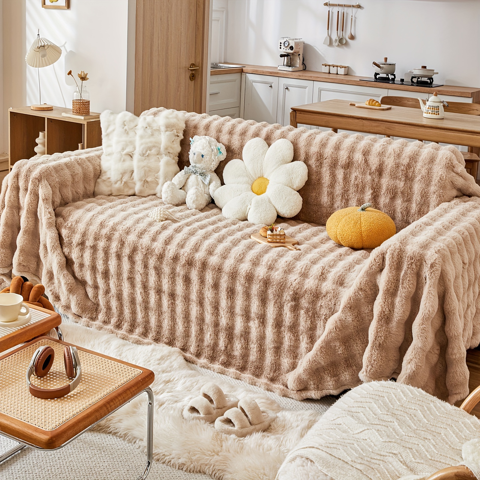 Exklusiver Plüsch-Kunstfell-Sofabezug – Weicher und haustierfreundlicher Überzug für 3/4-Sitzer, Sessel & Ecksofas – Ideal für Wohnzimmer, Schlafzimmer oder Bürodekoration