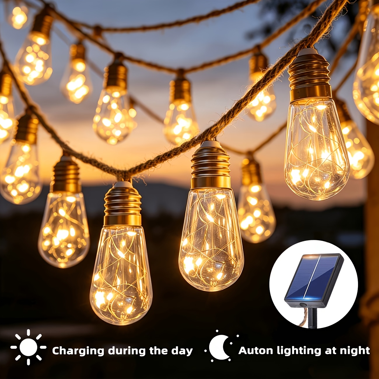 TEMU 1 guirlande lumineuse féérique en corde de jute, avec 10 ampoules, éclairage décoratif de jardin à solaire 8 , 8 , éclairage décoratif de Noël,