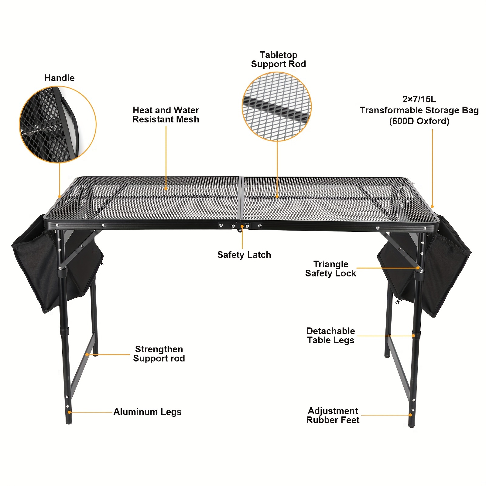 Raynesys Foldable Grill Table With Mesh Desktop, 200lbs 3Ft Portable Folding Table, Height Adjustable Metal Table For Ourdoor, Camping, Picnic, BBQ And Beach, RV, 35.4" L X 23.6" W