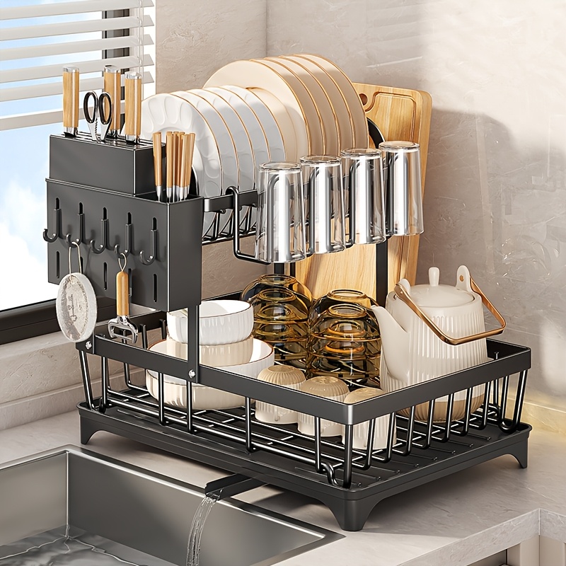 TEMU 1pc 2-tier Dish Drying Rack With Utensil Holder For Kitchen Countertop Storage
