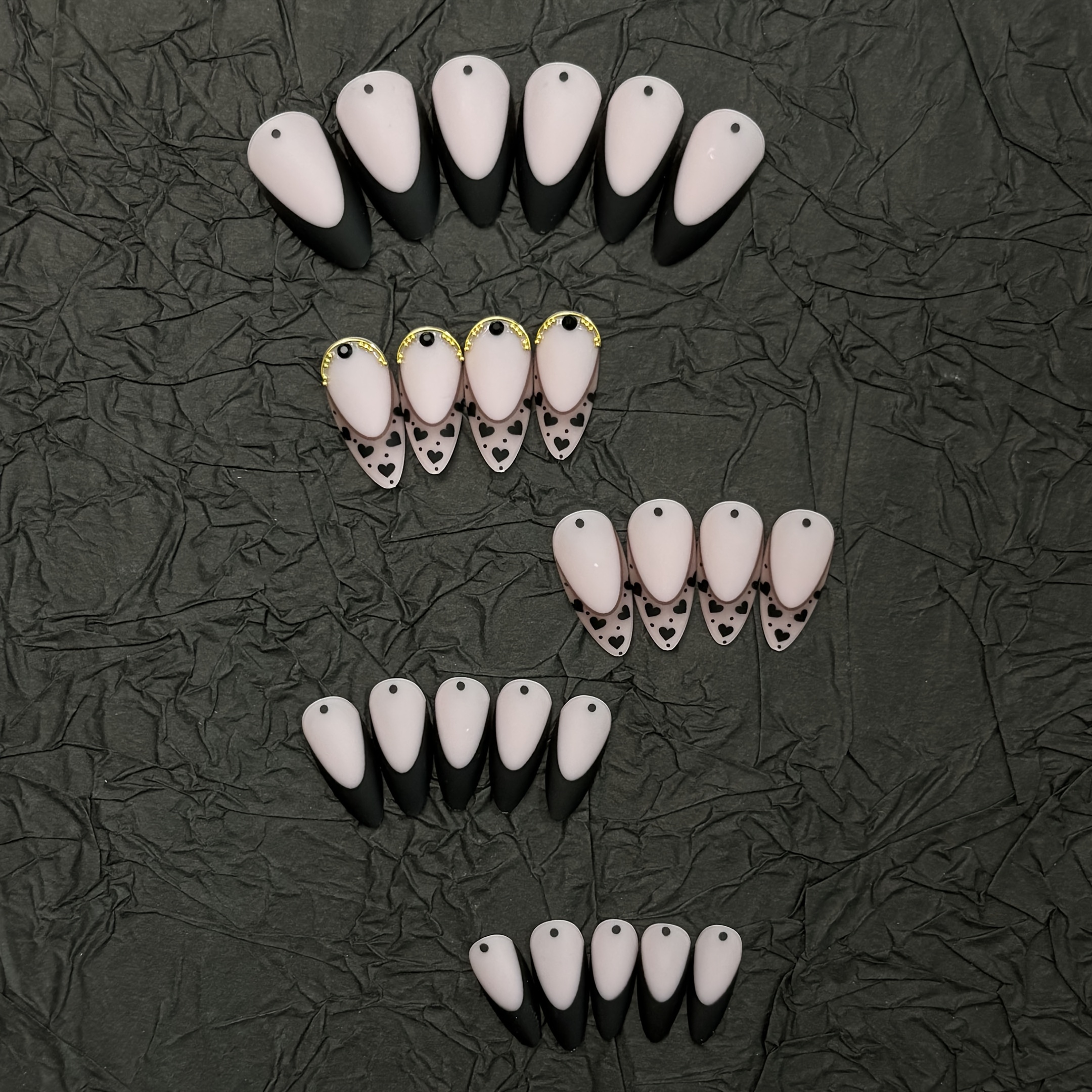 TEMU 24pcs Faux Ongles Noirs Nude Bordifé, Cœur, avec 1pc Colle Gelée et 1pc Bande de Polissage Très Robuste, Améliorant Votre Tempérament, Parfait