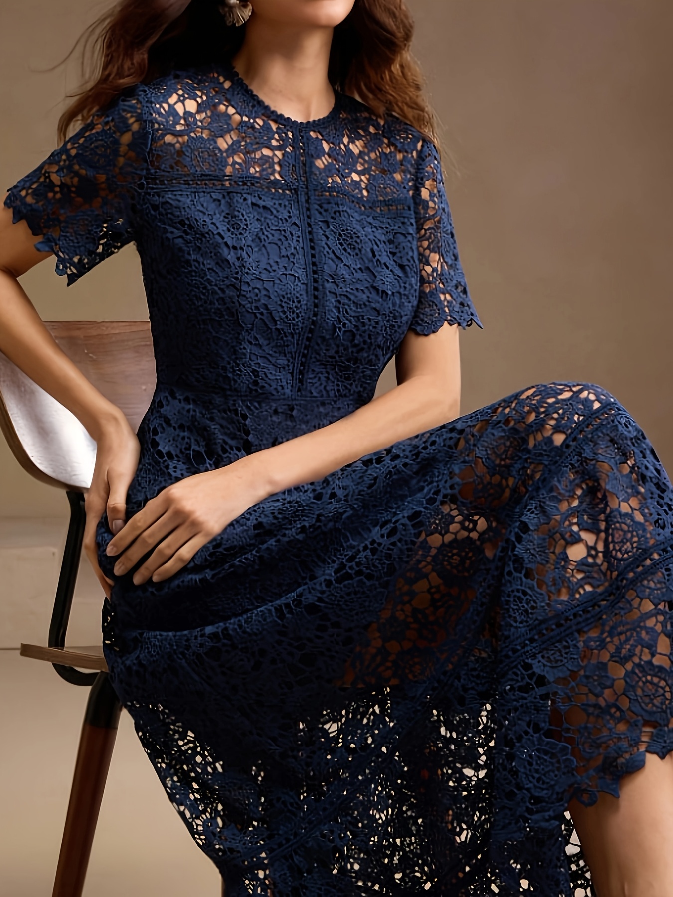 french style navy blue hollow lace dress featuring a stylish - Temu Spain