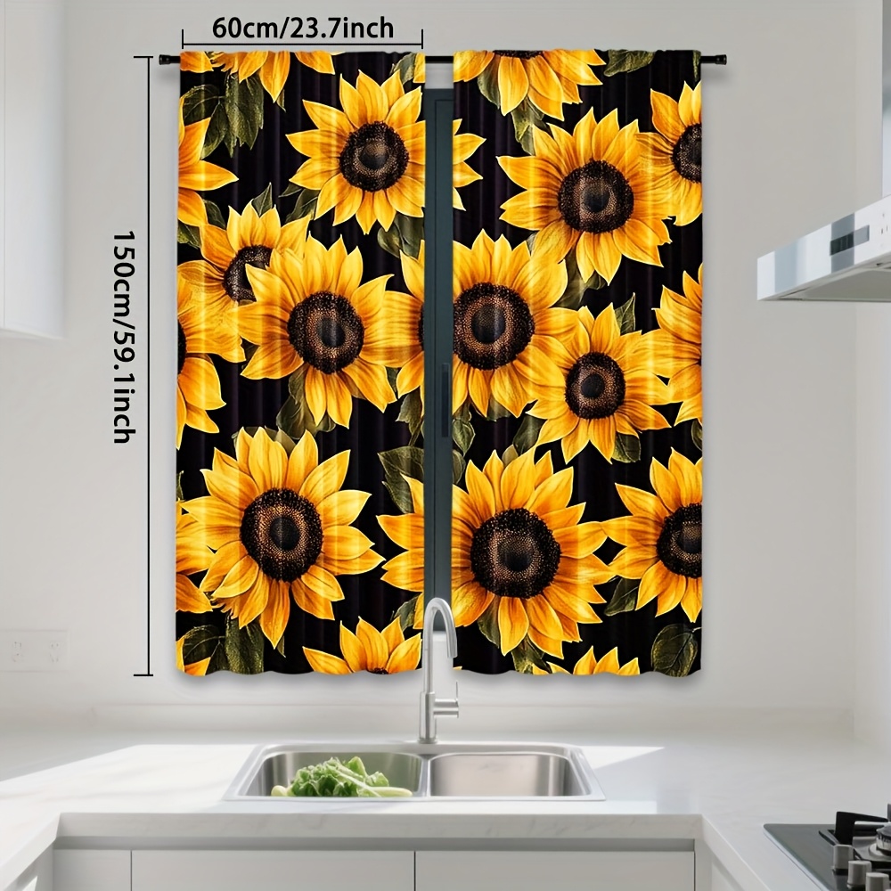 TEMU 2pcs Sunflower Pattern Curtains, Polyester Light Filtering Rod , Black With Vibrant Yellow Sunflowers, Semi-transparent, Machine Washable For