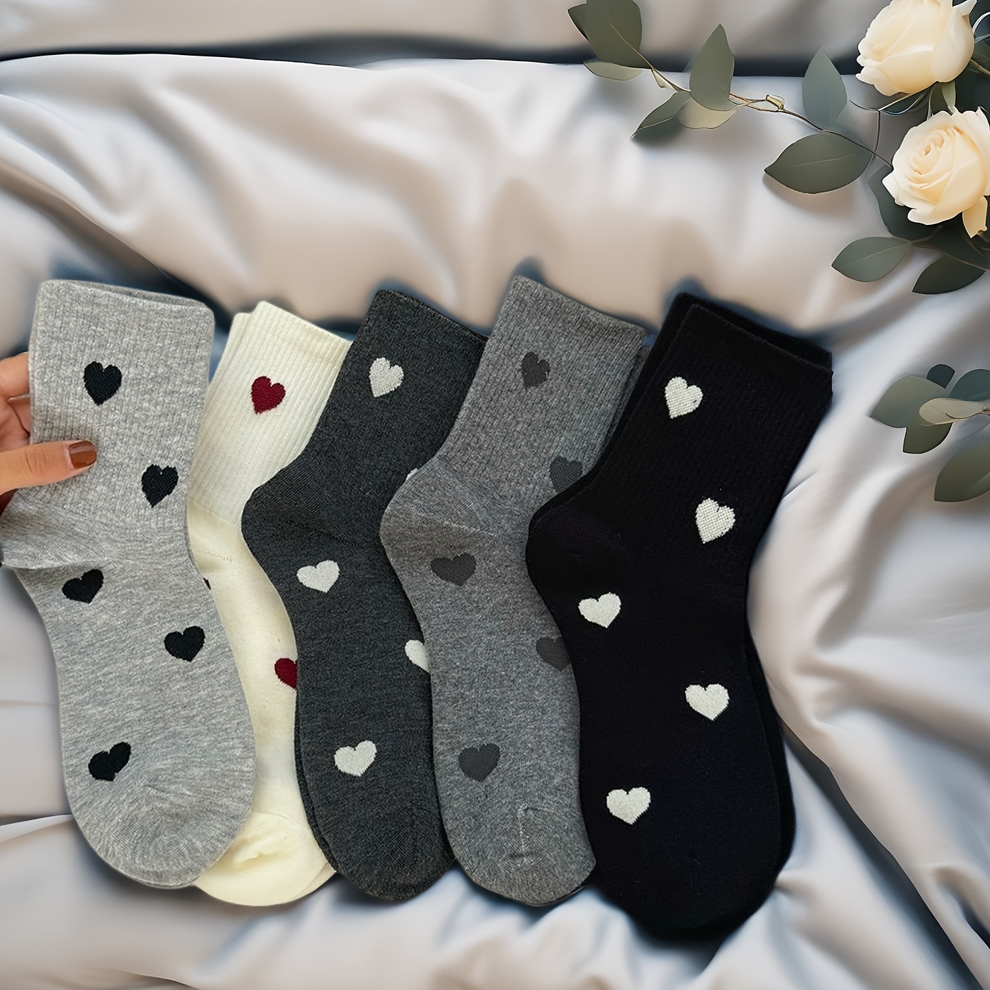 TEMU 5-pair -print - Elegant Heart Patterns, Cute Striped Toe/heel Pocket - Soft Comfortable Tube Socks Suitable For Daily Wear, Parties, Outfits -