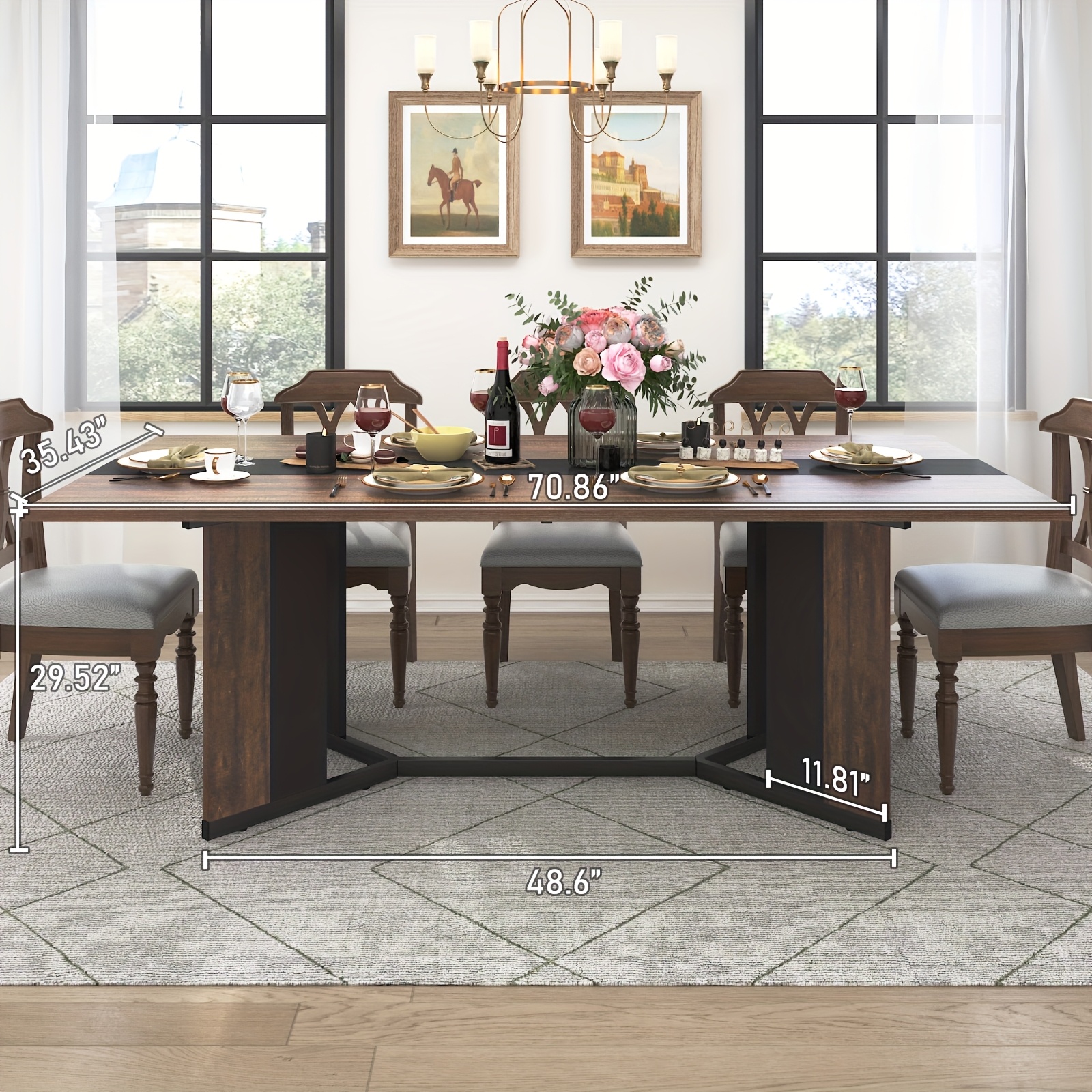 Waterproof and Scratch-Proof Dining Table - Luxurious 71-Inch Large Rectangular with Marble-Color Wood Top - Adjustable V-Shaped Legs for 4-7 People - Ideal for Family Dinners, Office, Kitchen, Living Room