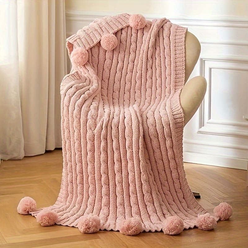 Pom Poms Fuzzy Knit Blanket Ultra Soft Chenille Cable Knit Throw