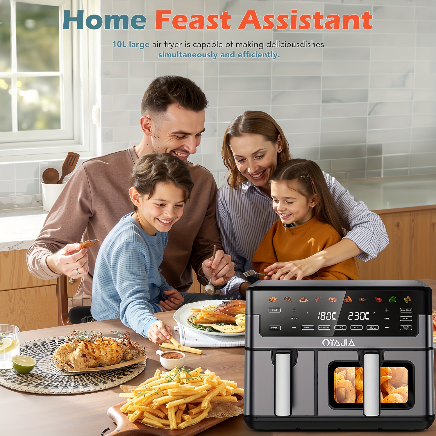 10L Luchtfriteuse-oven met dubbele mand, doorzichtige ramen, Sync-afwerking, Hi-Fry, automatische uitschakeling, 2 onafhankelijke (3,5L+6,5L) -aanbak, vaatwasserbestendige frituurmanden, digitale dubbele luchtfriteuse, grillen, braden, uitlekken, bakken