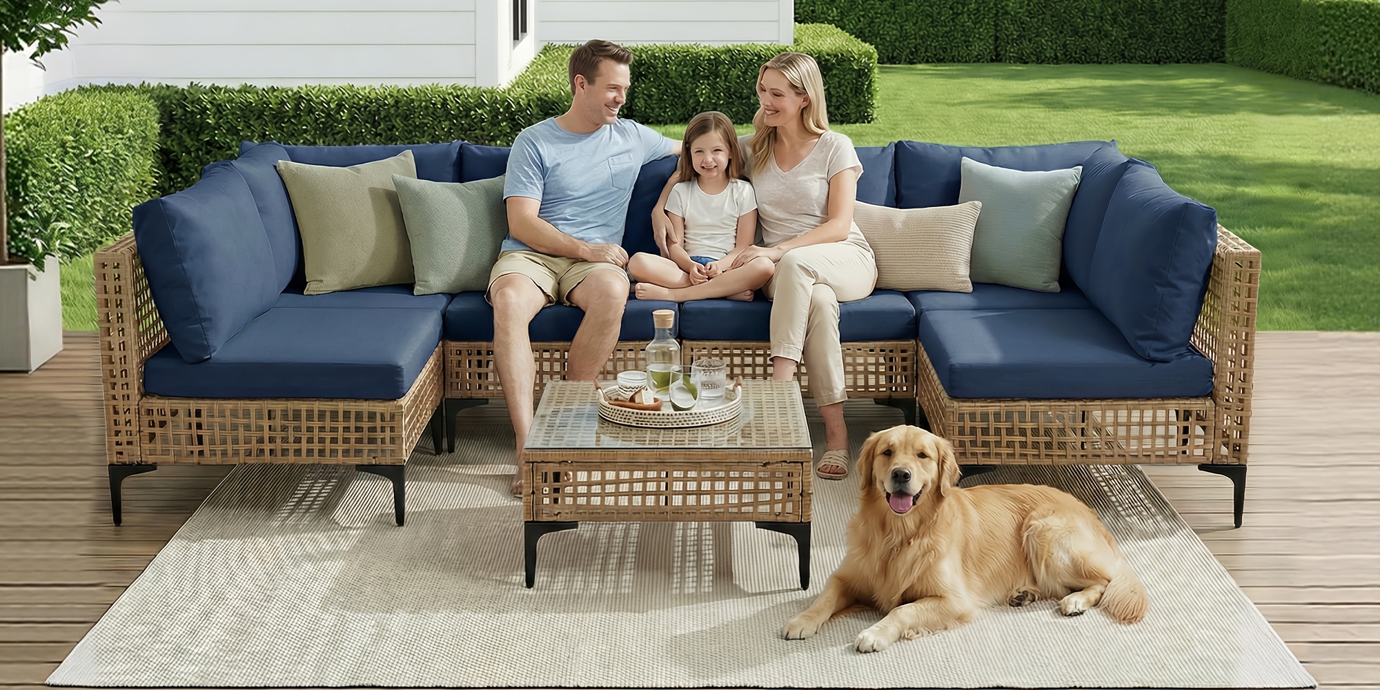 WENTUM 7pcs Outdoor Sectional Sofa Set, Boho Wicker Rattan Patio Furniture with Cushions And Table for Patio, Lawn, Backyard, Porch