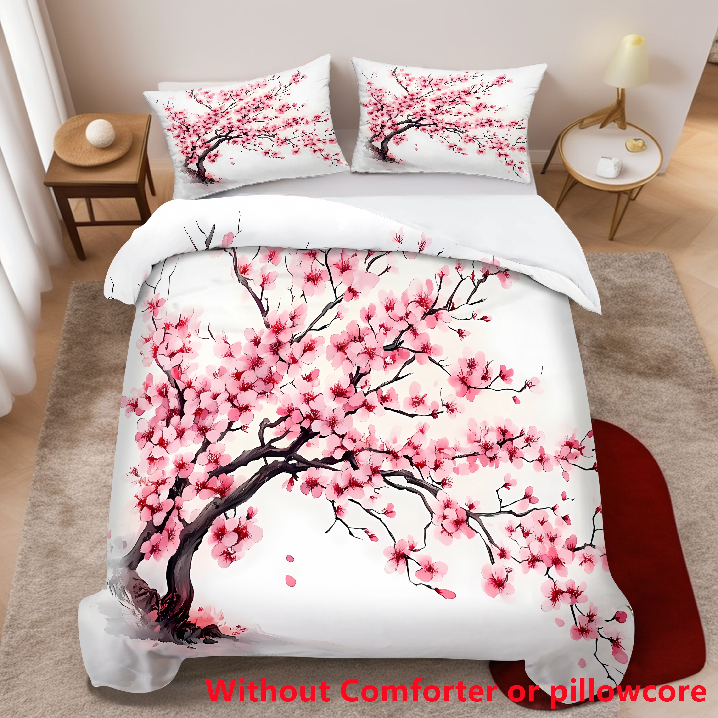 Image of 2/3pcs Sakura Cherry Tree Print Duvet Cover Set (1 Duvet Cover + 1/2 Pillowcase, Without Core), Soft Comfortable Duvet Cover, For Bedroom, Home Decoration