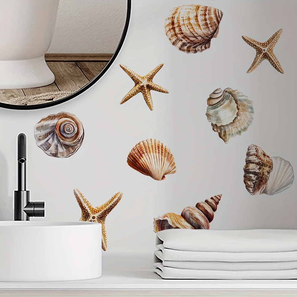 Image of Self-adhesive Wall Stickers Bathtub Stickers - Seashell & Starfish Designs, Removable Pvc Wall Decals For Bathroom, Kitchen Cabinets & Fridges, Colorful