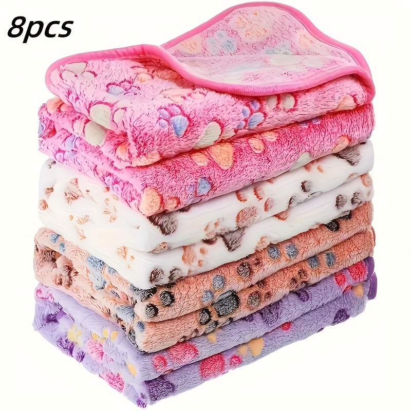 TEMU A Set Of 8pcs, Soft Flannel Pet Blanket, Suitable For Dogs And Cats - Soft Polyester Fiber, Machine Washable, Stain Resistant, With Paw Print