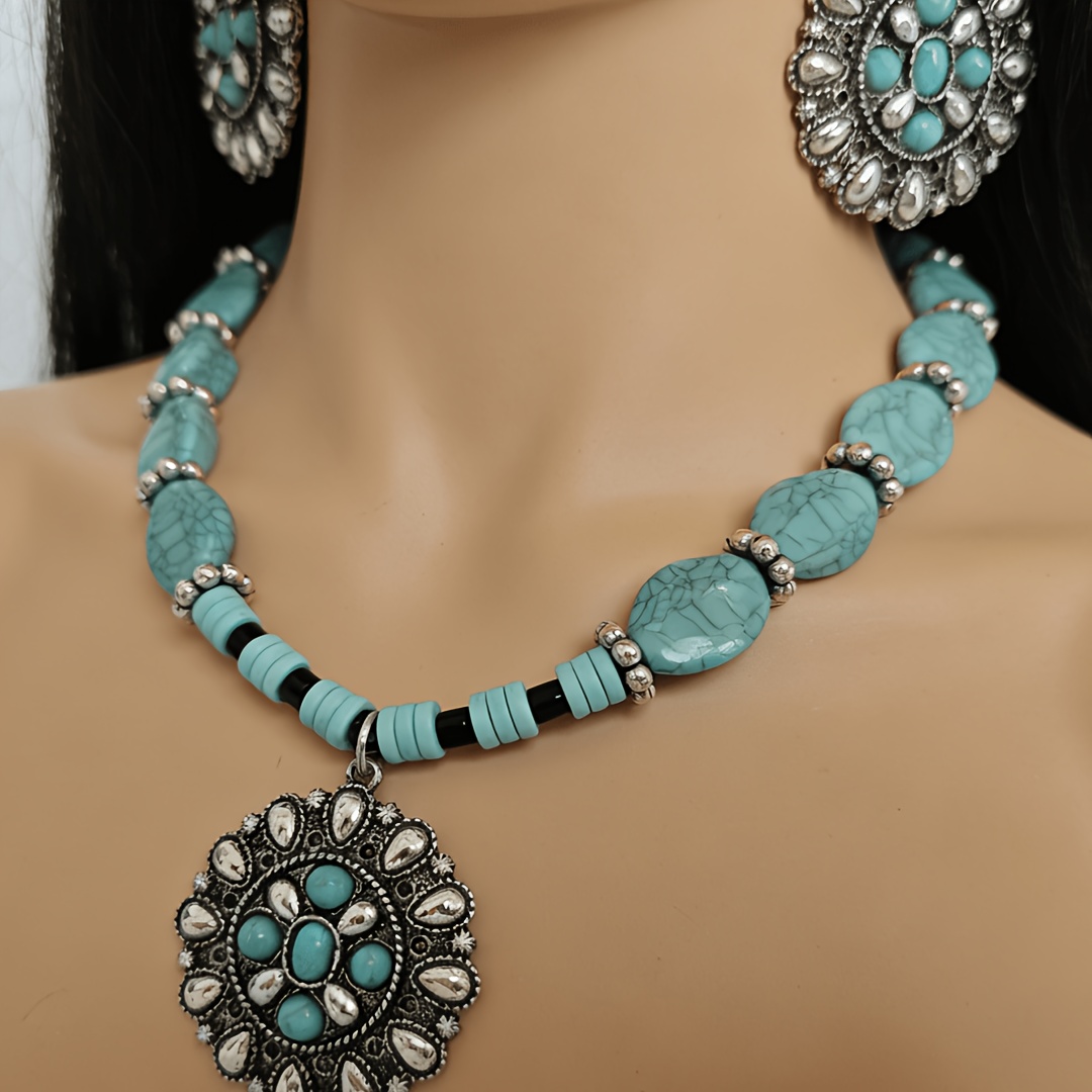 TEMU Parure 1 pièce style western, collier et boucles d'oreilles sculptés en résine à effet vieilli avec turquoise pour femme, adaptée aux tenues de