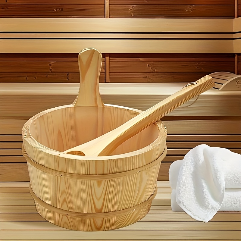 Image of Finland Pinewood Sauna Bucket And Ladle Set, Premium Wooden Sauna Tools For Genders, Genuine Finnish Cedar Sauna Bucket Set