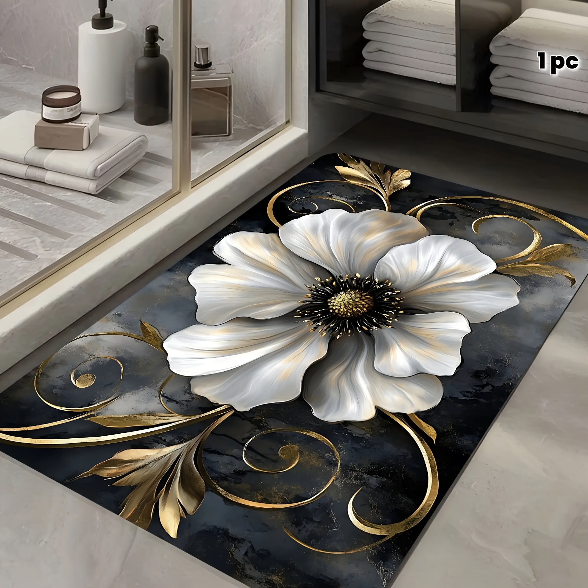 TEMU Tapis Luxueux Noir et Doré à Floraux, Très Absorbant et à Séchage Rapide, Idéal pour de Maison, de Bain, , , , , et les Soins Personnels. Choix