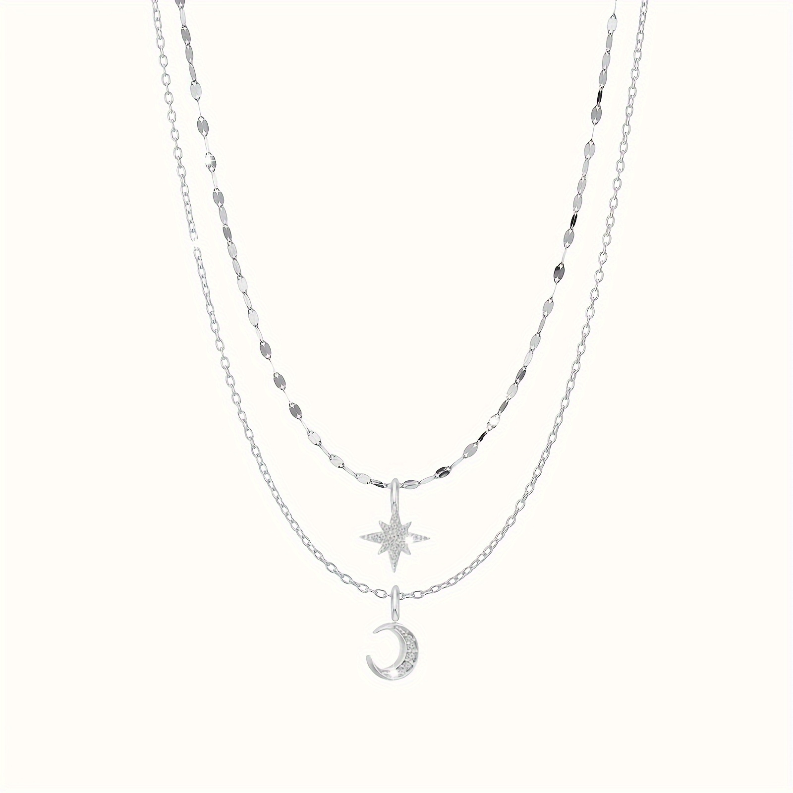 Image of 1pc Rhinestones Inlaid Star And Moon Theme Layered Necklace, Suitable For Daily Wear And An Date Gift, For Teenager