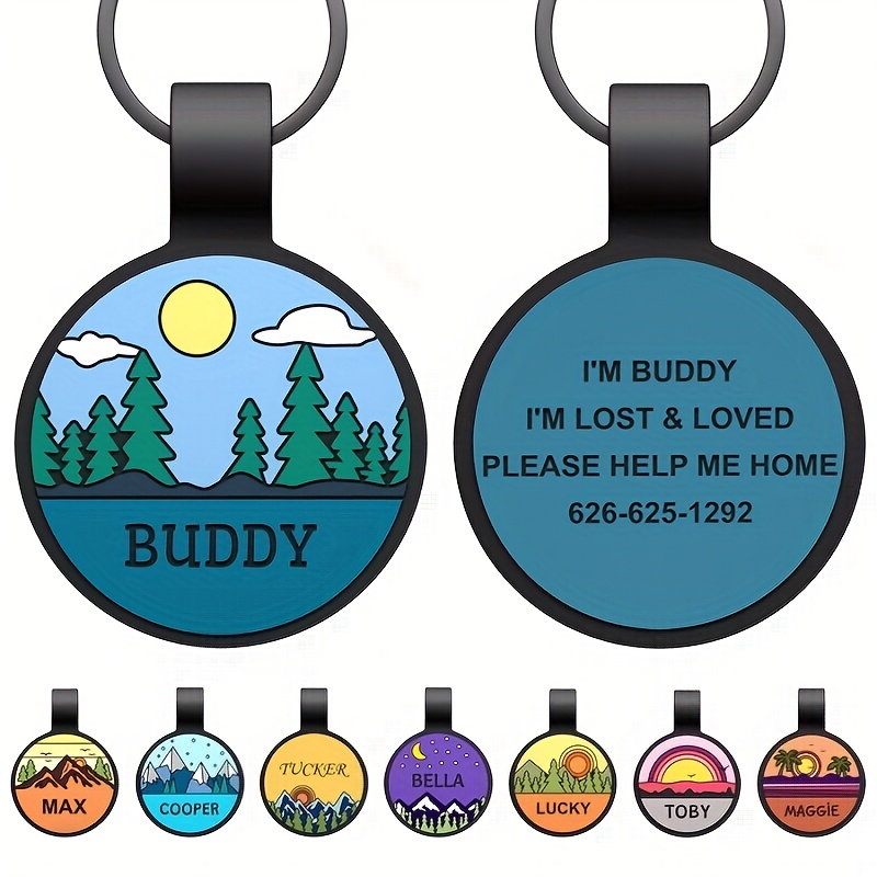 TEMU 1 stuks, Gepersonaliseerde Huisdier ID Tag, Siliconen Materiaal, Stil en Geluidloos, Opties, Berg Bos Strand Landschap Patronen, Graverbaar Naam