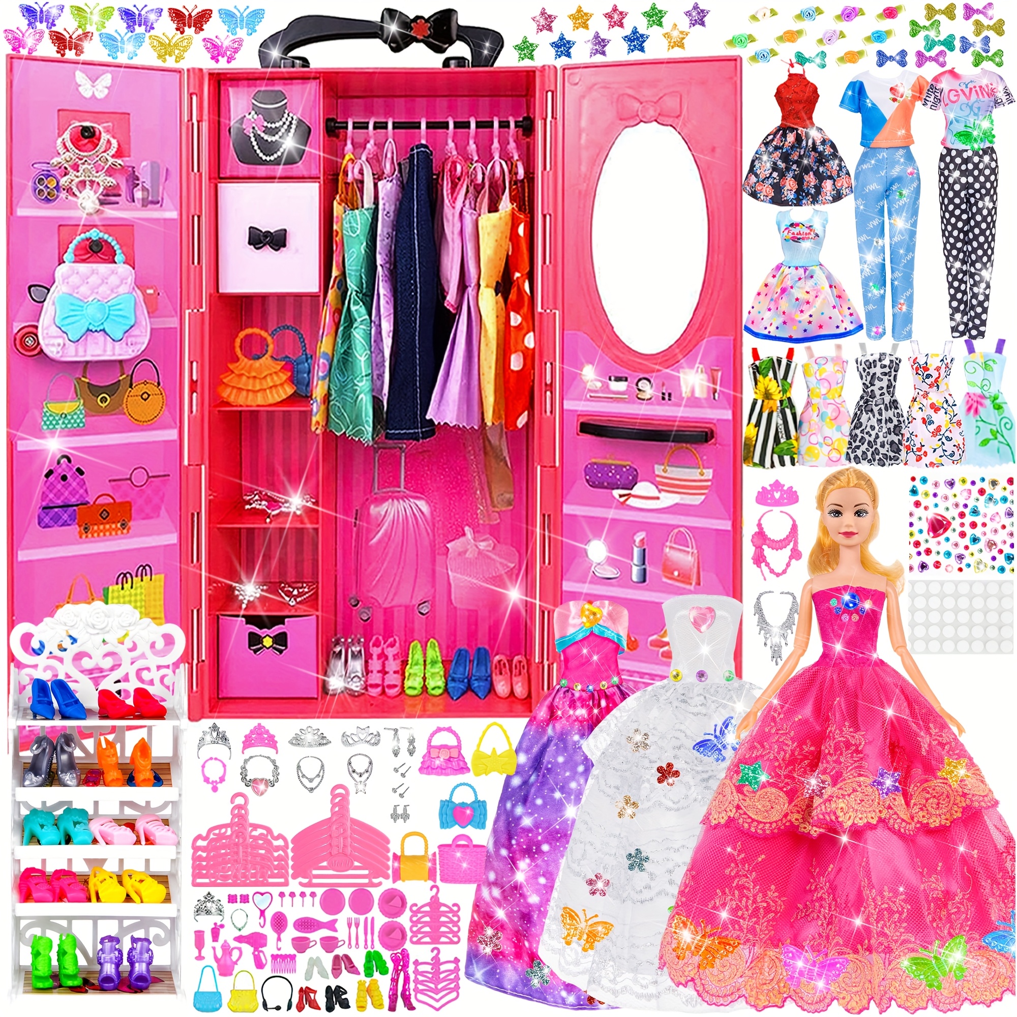 

140pcs 11.5 Inch Girl Doll Closet Fashion Diy Wardrobe With Clothes And Accessories Including Doll, Wardrobe, Wedding Dress, Shoes, Necklace, Bags And More ( Doll)